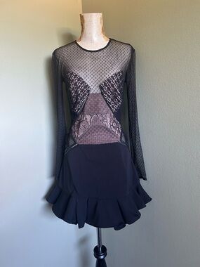 Self-Portrait Black Nude Lace Ruffle Bottom Dress Sz 2